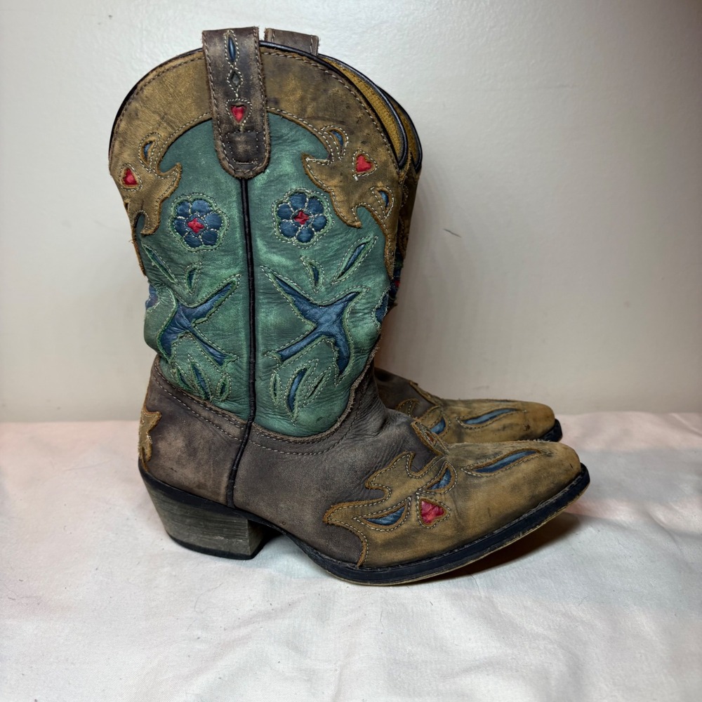 Dan Post Childrens Leather Western‎ Cowboy Boots Distressed Teal Brown 1.5